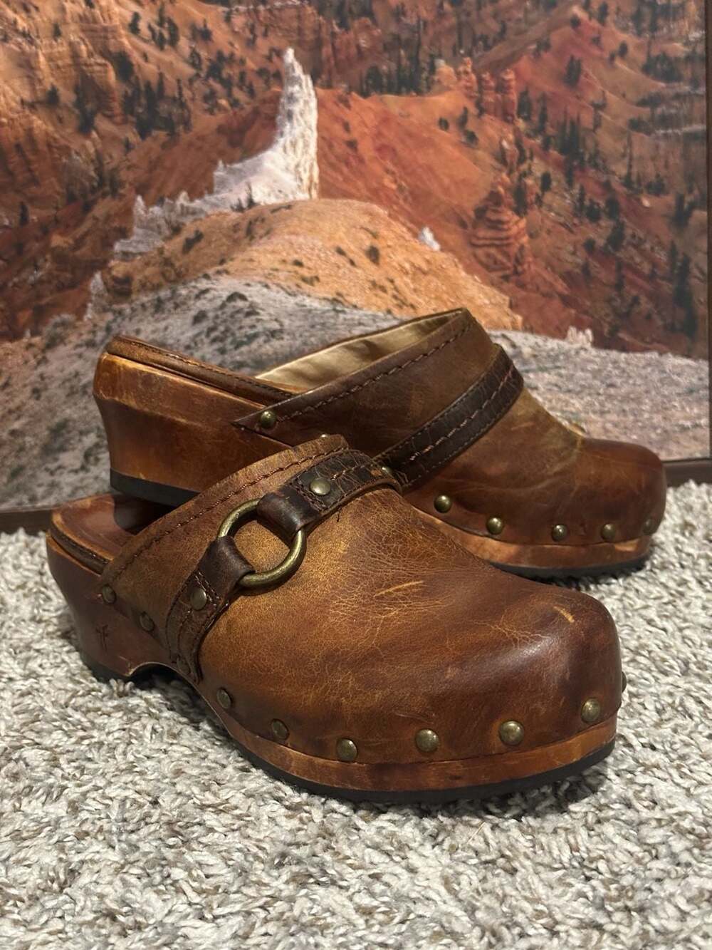 Frye Brown Distressed Leather Studded Clogs with Ring Strap